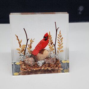 Handcrafted Cardinal Bird Acrylic Paperweight Bookend Natural Accents & UV Glow